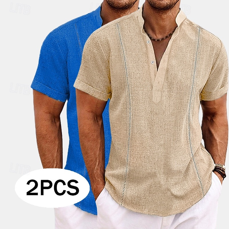 Men's Shirt Linen Shirt Guayabera Shirt Band Collar Shirt Popover Shirt Summer Shirt Plain Vacation Curise White+khaki White+Navy Blue Green+Khaki Khaki+Navy Blue Short Sleeve Collar Summer Spring