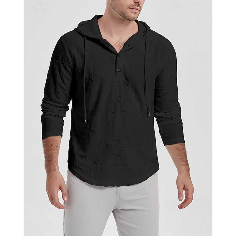 Men's Shirt Popover Shirt Summer Shirt Casual Shirt Beach Shirt Black White Yellow Pink khaki Long Sleeve Plain Hooded Vacation Hawaiian Drawstring Clothing Apparel Polyester Fashion Casual3