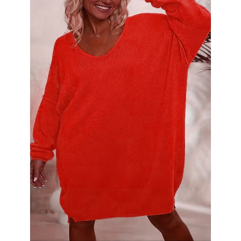 Women's Sweater Dress Daily Stylish Basic Pure Color Fuzzy V Neck Knitted Long Sleeve Regular Tops Knit Outdoor Daily Red Fall Winter2