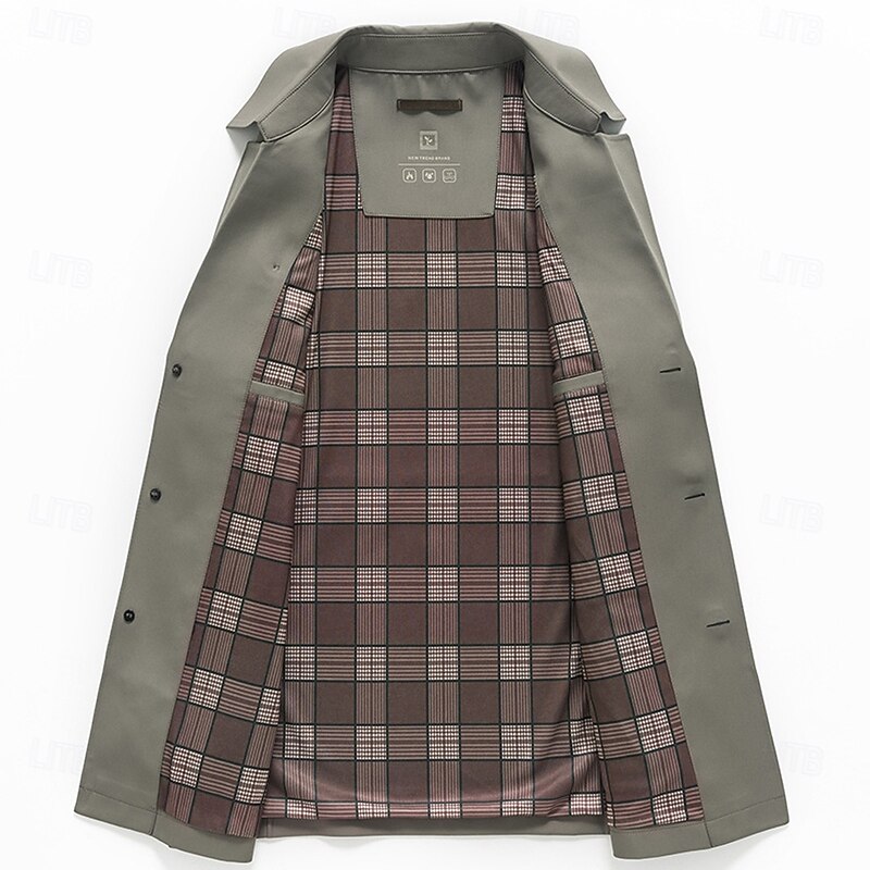 Men Trench Coat Formal Office Spring Fall Cross-Seasons Polyester Outerwear Clothing Apparel Elegant Daily Solid Color Fold-over Collar Single Breasted4