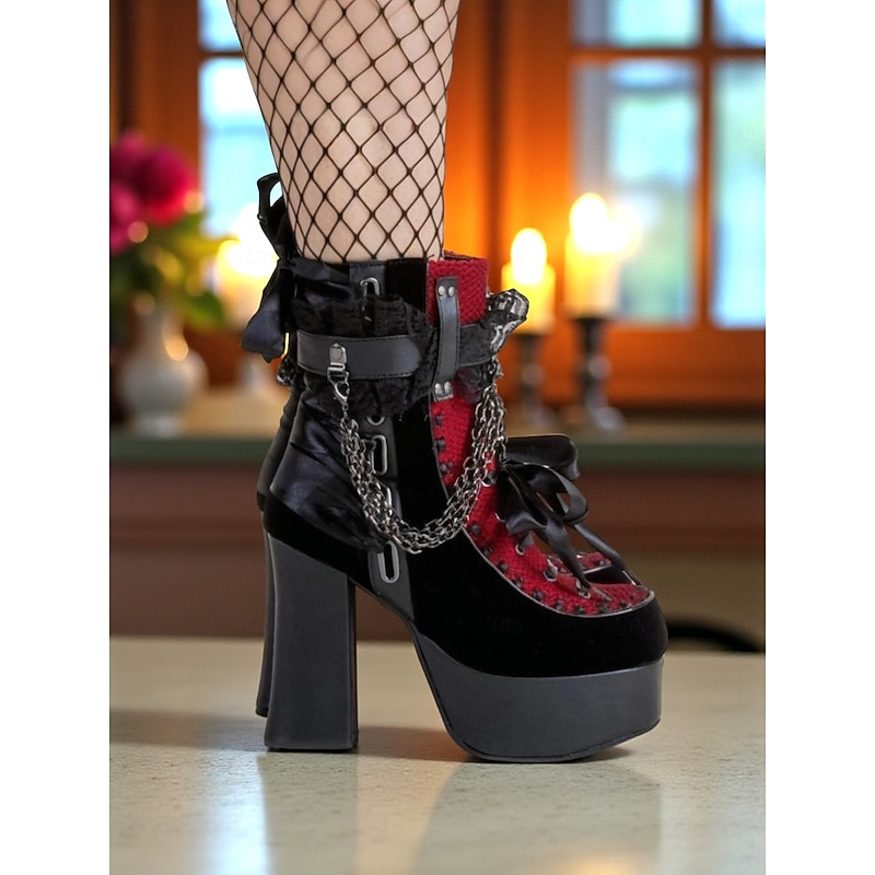 Women's Gothic Platform Lace-Up Boots – Black and Red High Heel Ankle Boots with Chains and Lace Trim for Punk Rock, Halloween & Cosplay Outfits3