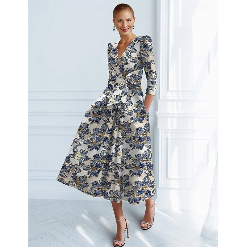 Jacquard Brocade Floral A-Line Cocktail Dresses Elegant Dress Formal Wedding Ankle Length Short Sleeve V Neck Nylon with Bow(s) Pocket Wedding Guest Dress