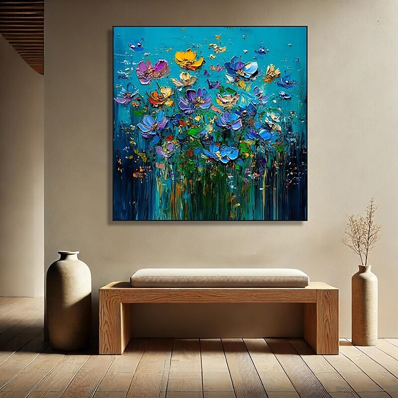 Handmade Oil Painting Wall Art Decoration Modern Abstract Blue Background Thick Oil Knife Flowers for Home Dining Room Decor Stretched Frame Hanging Painting/Rolled Canvas (No Frame)3