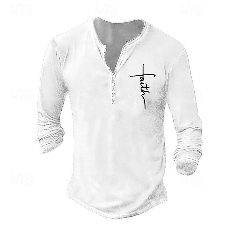 Men's Henley Shirt Tee Tee Top Long Sleeve Shirt Long Sleeve Henley Summer Fall Pattern Faith Fashion Designer Fashion Vintage Vacation Street Going out Dark Grey Black White Top Tee for Men4