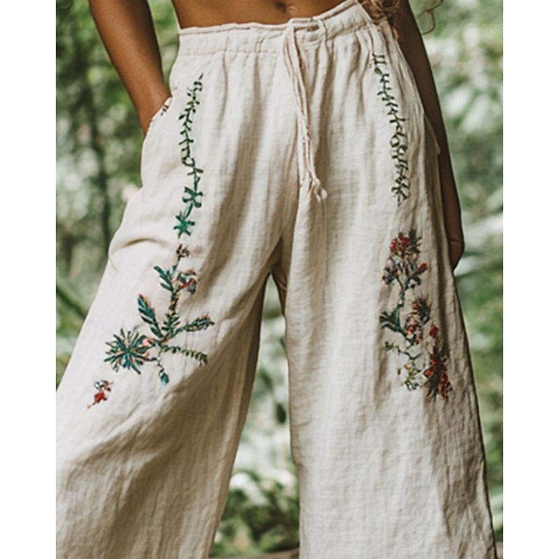 Women's Wide Leg Pants Trousers Palazzo Pants Casual Boho Full Length High Waist Flower Elastic Waist Drawstring Print Breathability Comfortable Street Daily Wear Going out White Spring Fall Regular2