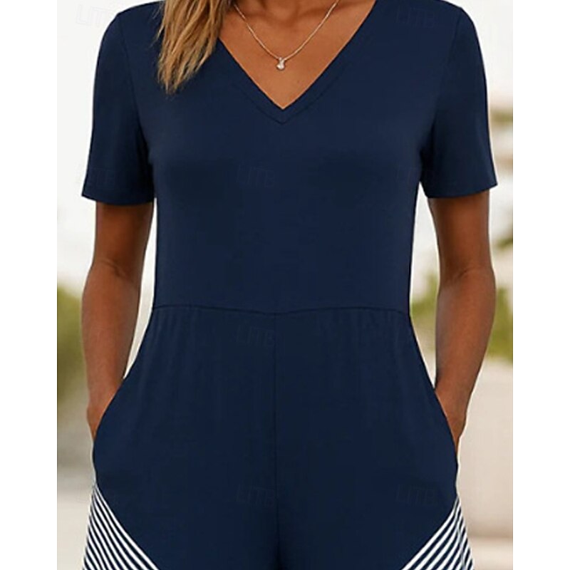 Women's Normal Jumpsuit Streetwear Striped Short Sleeve Wide Leg V Neck Pocket Print Street Daily Regular Fit Navy Blue Summer2