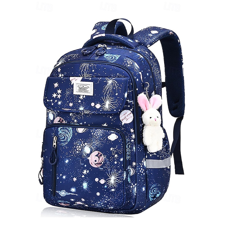 Kid's Galaxy Print Waterproof School Backpack - Cute Large Capacity School Bag with Bunny Charm for Kids and Elementary School Students Pink Purple Dark Blue