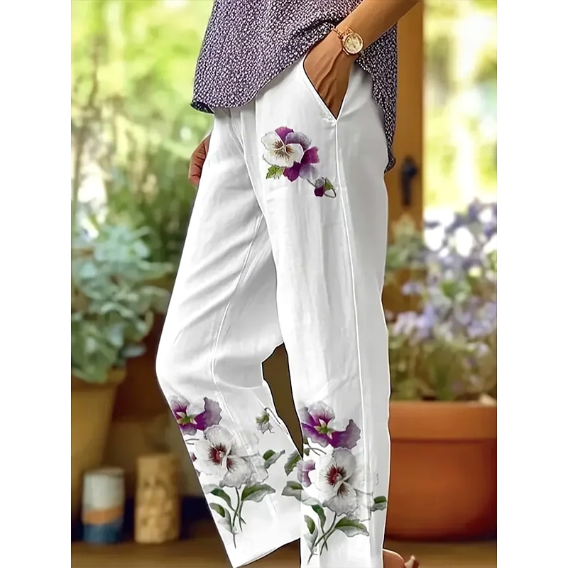 Women's Chinos Vacation Vintage Casual Ankle-Length High Waist Floral Graphic Pocket Soft Outdoor Breathable Inelastic Outdoor Vacation Street White / Green Lilac Summer Spring Fall Regular Fit2