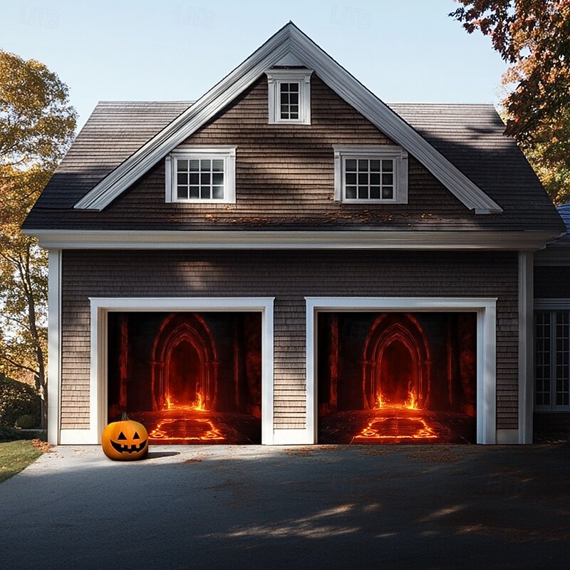 Halloween Garage Door Cover Banner Backdrop – Hellfire Portal with Fiery Flames, Oversized for Garage Door, Photo-Ready Haunted Decoration for 2025 Halloween Home Front Yard3