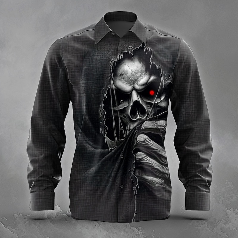 Men's Skull Death Ripped Shirt Button Up Shirt Long Sleeve Dark Punk Gothic Style Holiday Streetwear Summer Spring Turndown 3D Print Collared Shirts Black 1 Black 3 Black Black 2