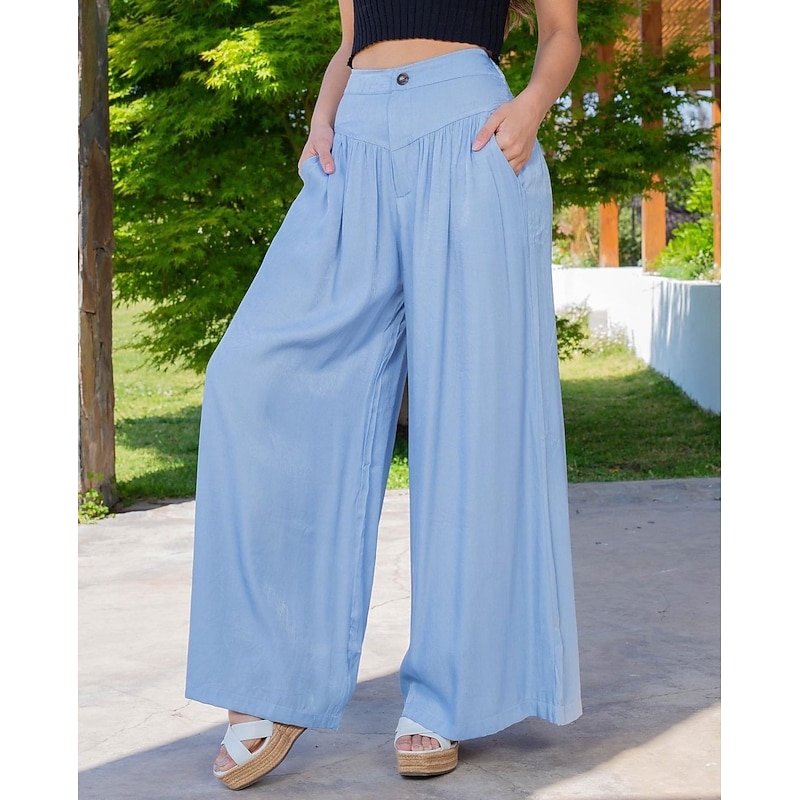 Women's Wide Leg Slacks Casual Full Length Natural Plain Side Pockets Comfy Breathability Casual Daily Blue Light Blue Spring Fall Loose Fit4