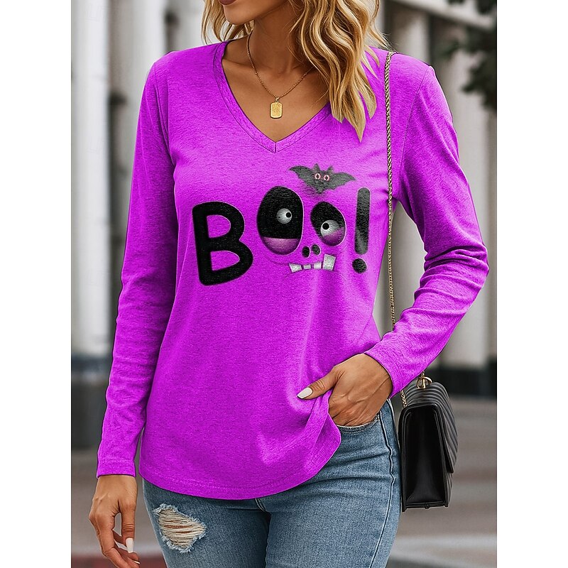 Halloween Women's T shirt Long Sleeve V Neck Long Sleeve Tunic Graphic Letter Halloween Elegant Vintage Stylish Regular Tops Daily Going out Weekend Print Blue Purple Orange Green Spring Fall Prefall4