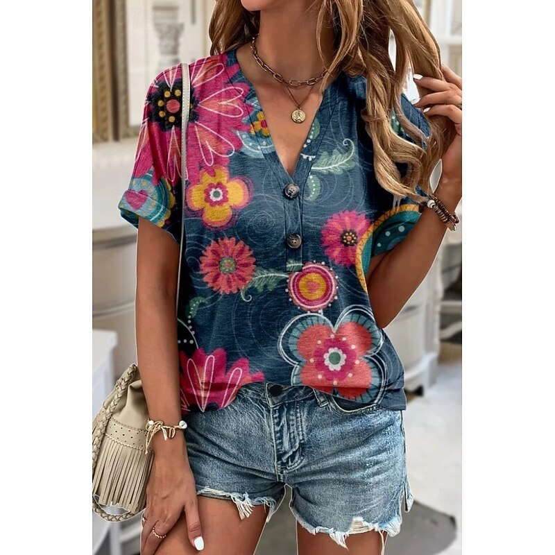 Women's T Shirt Ombre Floral Graphic Elegant Vintage Fashion Short Sleeve V Neck Notched Neck Regular Tops Daily Going out Weekend Print Blue Sky Blue Dark Green Light Blue Summer Spring2