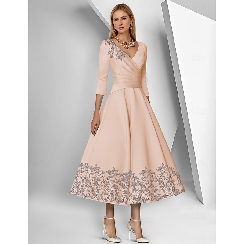 A-Line Dress Beach Wedding Mother of the Bride Dress Elegant Simple V Neck Ankle Length Tea Length Satin 3/4 Length Sleeve with Lace Ruched Sequin Race Day Dress4