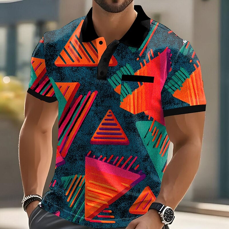 Men's Geometric Pattern Polo Short Sleeve Polo Shirts Collared Shirts Casual Outdoor Athleisure Daily Wear Pocket 3D Print Buttons Summer Yellow Red Blue2