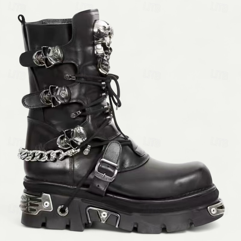 Men's Black Gothic Combat Boots with Skull Buckles – Punk Style Lace-Up Ankle Boots for Motorcycle Riding and Halloween3