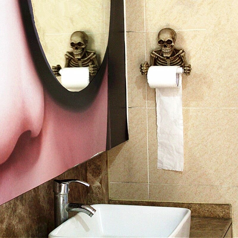 Halloween Skull Toilet Paper Holder Wall Mounted Vintage Style Skeleton Hand Paper Towel Rack Gothic Bathroom Tissue Dispenser Spooky Home Decor Unique Stretchable Rod2