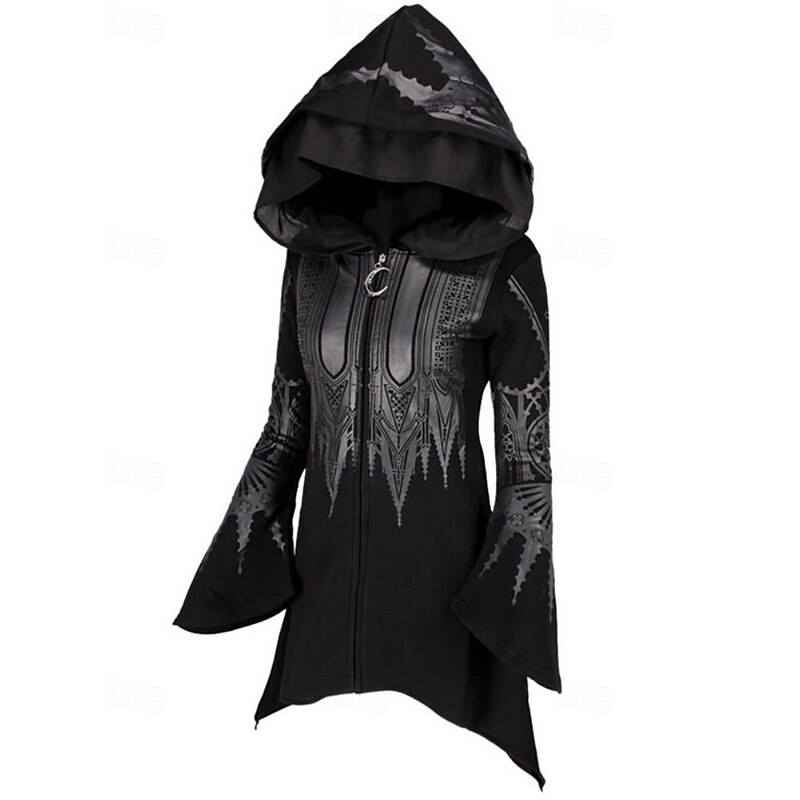 Women's Hoodie Jacket Warm Comfortable Zipper Irregular Hem Fashion Flower Street Going out Zipper Long Hooded Regular Fit Long Sleeve Outerwear Black Fall Winter4