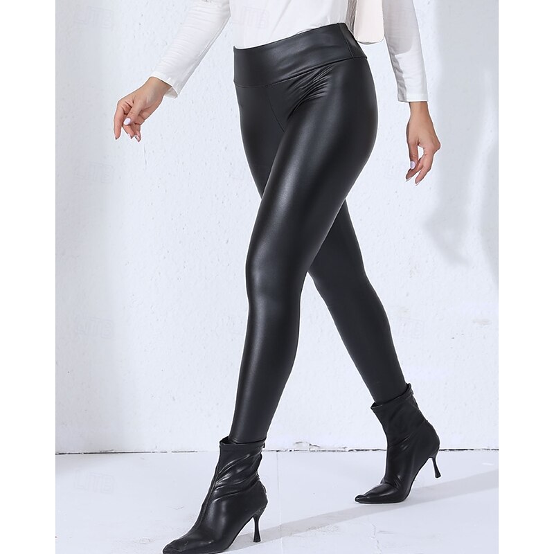 Women's Capri Leggings Faux Leather Leggings Warm High Waist Gym Athletic Pilates Bottoms Solid Color Black Coffee Sports Activewear Tight Fit2