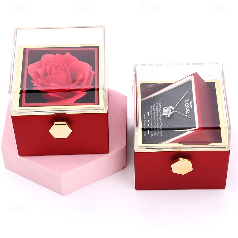 To My Love Necklace with Forever Roses Box, Christmas Gift for Her, Romantic Rotating Jewelry Box with Soap Flowers and Eternal Rose, Flip Design Packaging for Proposal, Valentine's Day, Ann3