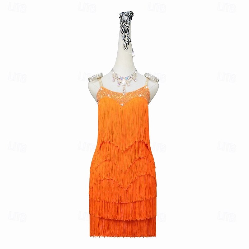 Latin Salsa Dance Dress Rhinestone Tassel Splicing Women's Performance Party Sleeveless Spandex3