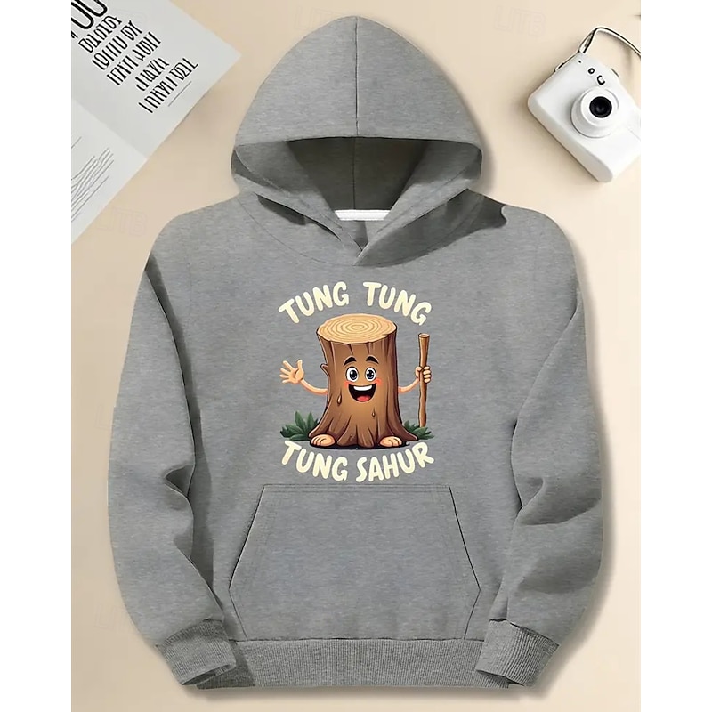 Boys' Long Sleeve Italian Brain Rot Element TUNG TUNG TUNG SAHUR Print  Spring Fall Fashion Streetwear Kids 4-12 Years Hooded Outdoor Casual Daily Regular Fit3