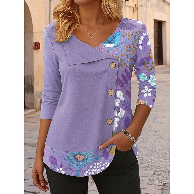 Women's Blouse Tunic V Neck Long Sleeve Buttons Floral Graphic Vintage Tropical Stylish Regular Tops Daily Patchwork Print Blue Purple Green Spring Fall Winter4