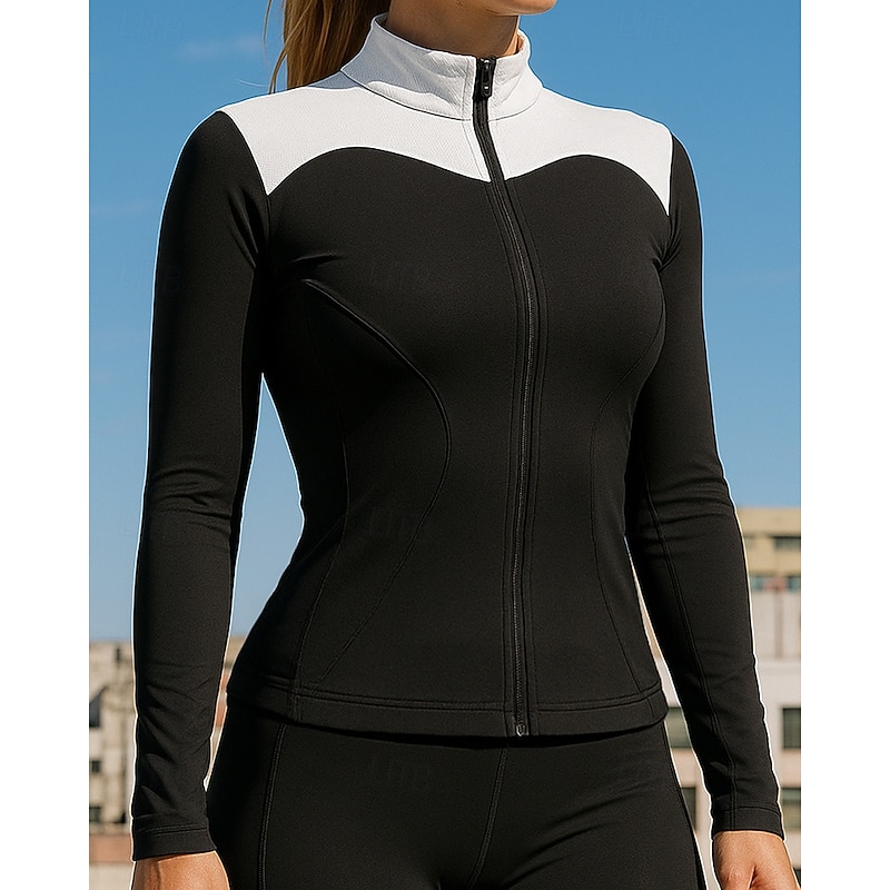 Women's Running Top Sports Sweatshirt Long Sleeve Top Athleisure Patchwork Sun Protection Windproof Gym Outdoor Running Sportswear Activewear Black White