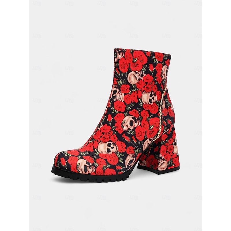 Women's Halloween Skull and Rose Print Ankle Boots – Chunky Block Heel Gothic Style Side Zipper Booties for Cosplay, Parties, and Autumn Festivals4