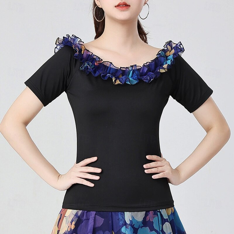 Latin Dance Top Printing Pure Color Splicing Women's Performance Training Short Sleeve High Polyester3