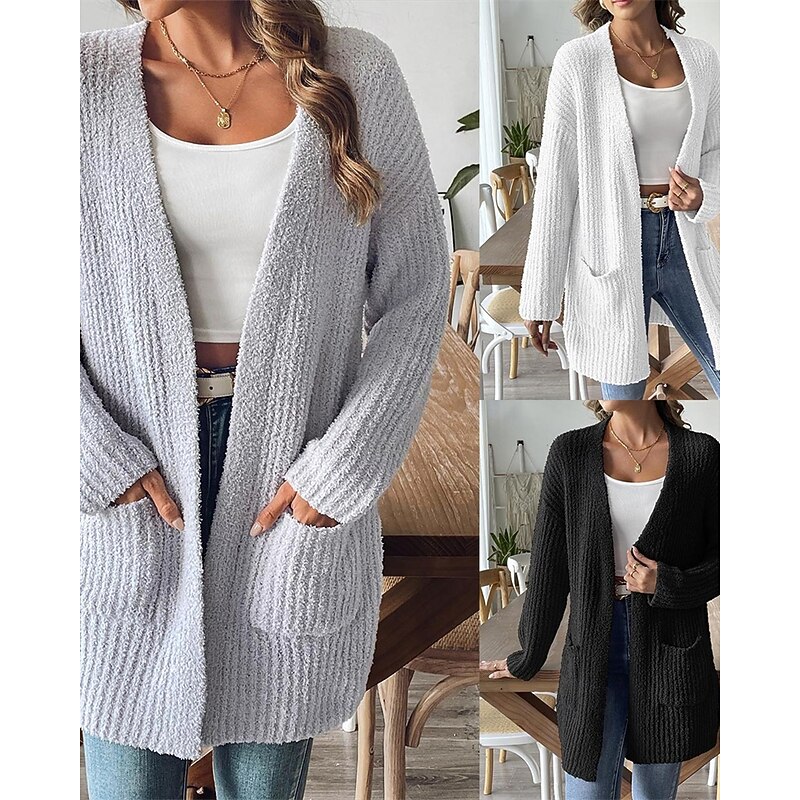 Women's Sweater Cardigan Fashion Streetwear Daily Solid Color Ribbed Open Front Pocket Knitted Long Sleeve Long Tops Knit Holiday Going out Weekend Black White Fall Winter