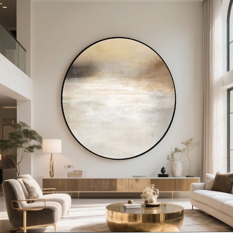 Handmade Circular Abstract Oil painting Golden Frame Reflective Gradient Artwork Grey White Beige Muted Gold Charcoal Tones Modern Wall Decor Luxe Home Ambiance Ready to Hang Include Inner Frame2