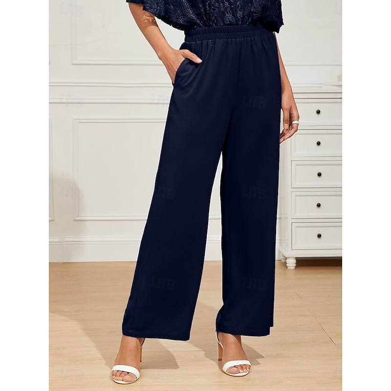 Women's Wide Leg Chinos Basic Full Length High Waist Plain Pocket Elastic Waistband Comfy Soft Comfortable Micro-elastic Formal Wedding Navy Blue Summer Spring Regular Fit