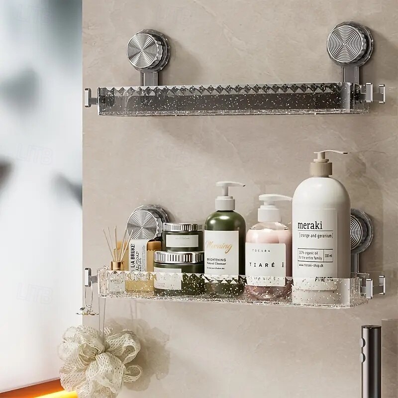 Clear PET Wall-Mounted Bathroom Shelf Heavy-Duty Shower Organizer with Strong Suction Cups Transparent Cosmetic Organizer for Toiletries and Daily Essentials