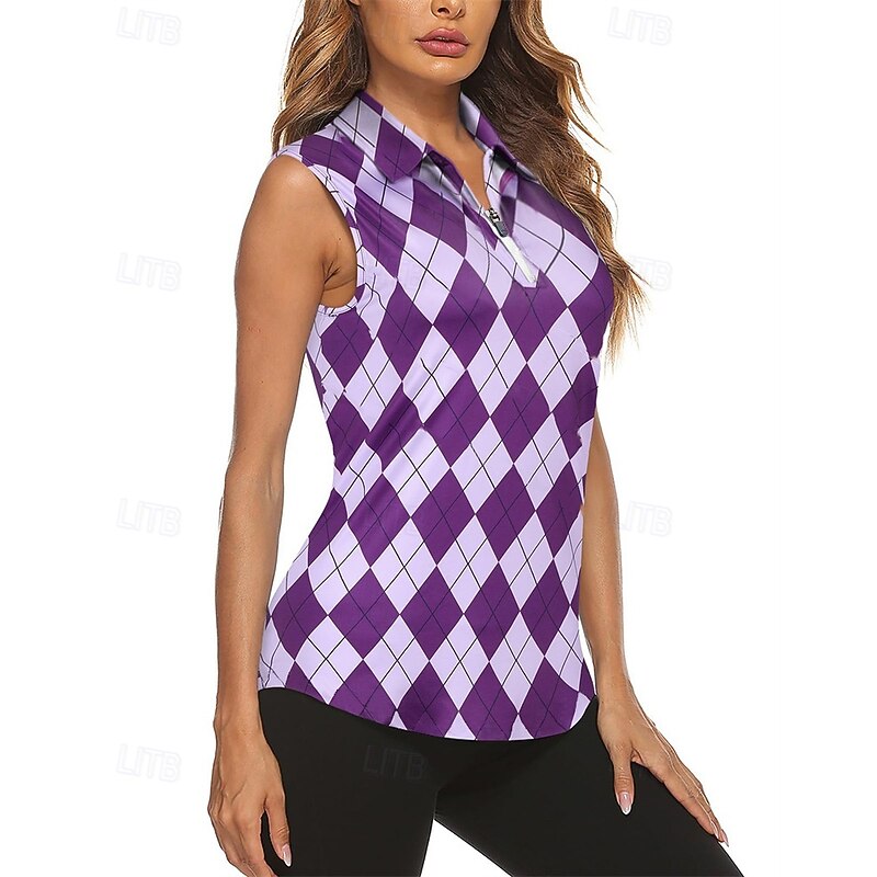 Women's Graphic Plaid / Check Sport Shirt Golf Polo Shirt Tennis Shirt Sleeveless Zipper High Elasticity Moisture Wicking Breathable Tennis Golf Pickleball Turndown Zip Collar Shirt Top Purple Tennis