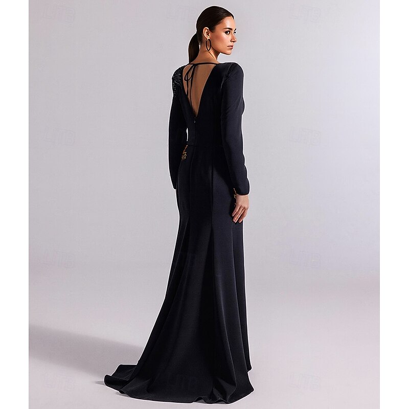 Black and Gold A-Line Evening Gown Elegant Dress Formal Tuxedo Dress Wedding Sweep / Brush Train Long Sleeve V Neck Stretch Crepe with Sequin Embroidery3