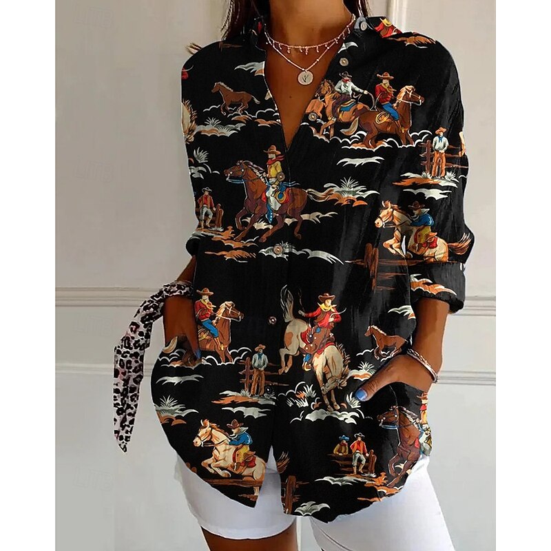 Women's Shirt Blouse Flower Modern Casual Long Sleeve Shirt Collar Regular Tops Holiday Going out Buttons Print Black Navy Blue Orange Green Gray Summer