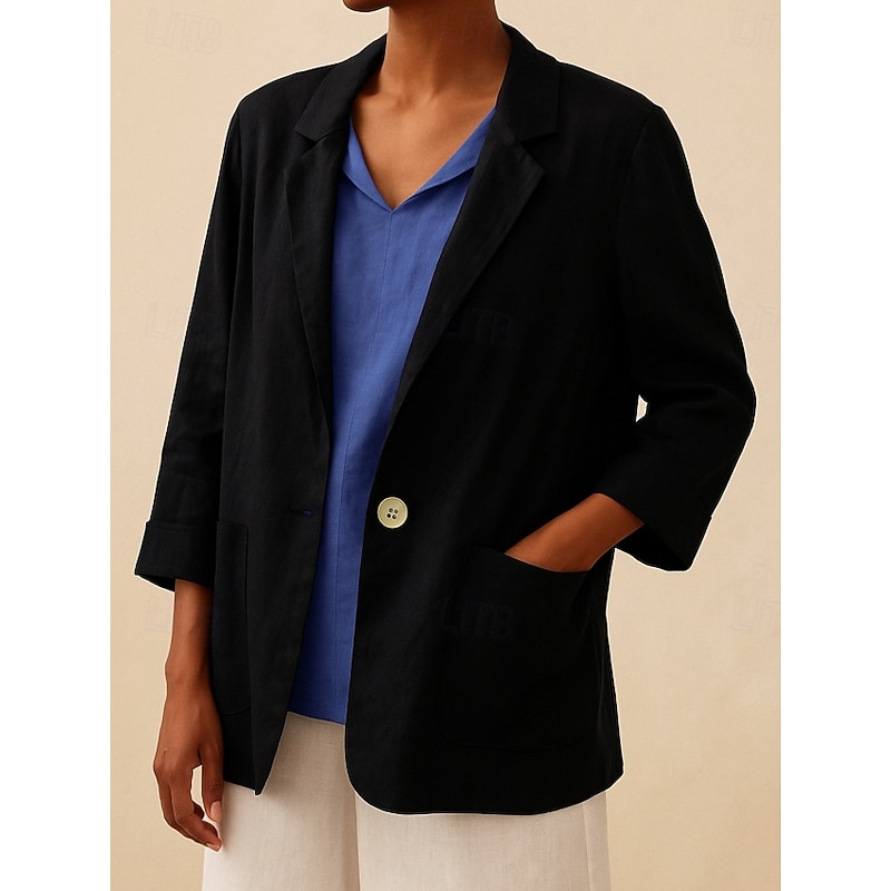 Women's Cotton Linen Blazer Comfortable Breathable Pocket Buttons Vintage Casual Plain Office Street Casual Daily Wear Single Breasted Regular Turndown Regular Fit Long Sleeve Outerwear Black4
