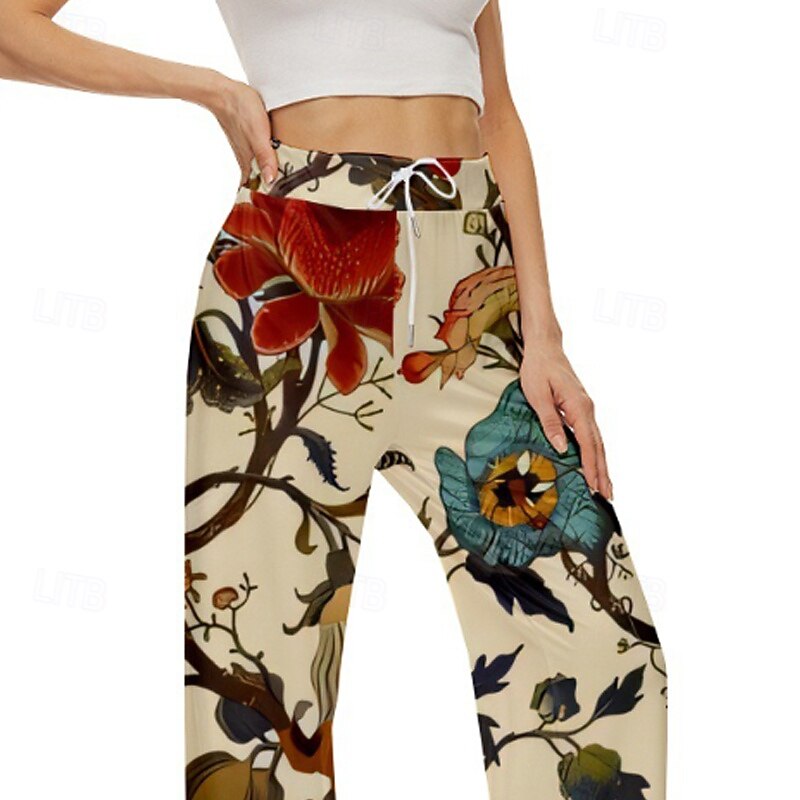 Women's Wide Leg Slacks Streetwear Casual Full Length Natural Flower Print Elastic Drawstring Design Comfy Daily Wear Weekend Red Fall Regular Fit3