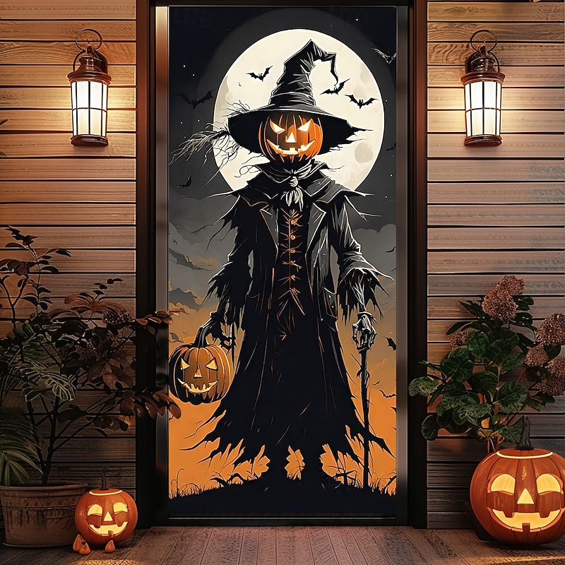 Halloween Door Covers Pumpkin Scarecrow Door Tapestry Door Curtain Decoration Backdrop Door Banner for Front Door Farmhouse Holiday Party Indoor Outdoor Decor Supplies