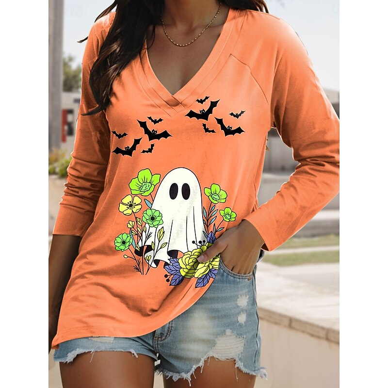 Halloween Women's T shirt Ghost V Neck Long Sleeve Graphic Casual Vintage Regular Tops Daily Print Pink Blue Orange Green Spring Fall3