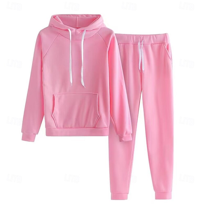 Women's Fashion Streetwear Daily Pants Sets Long Sleeve Hooded Solid Color Casual Daily Black Pink Red Summer Regular Fit2