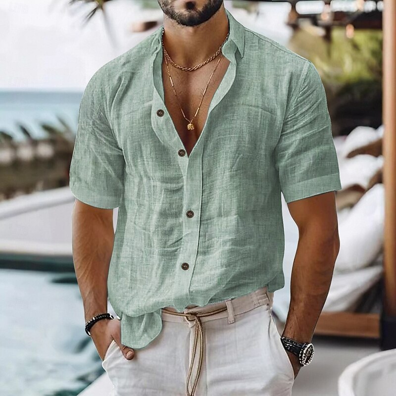 Men's Linen Shirt Casual Shirt Cotton Linen Shirt Button Up Shirt Solid / Plain Color Vacation Daily Wear White Light Green Pink Dark Navy Short Sleeve Lapel All Seasons Clothing Apparel Buckle3