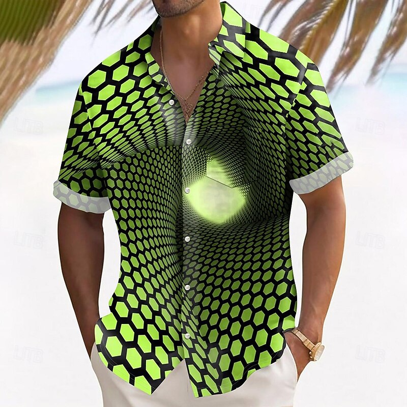 Men's Optical Illusion Grid / Plaid Shirt Summer Shirt Button Up Shirt Short Sleeve Fashion Casual Outdoor Vacation Dailywear Summer Spring Turndown 3D Print Collared Shirts Front One Pocket Black