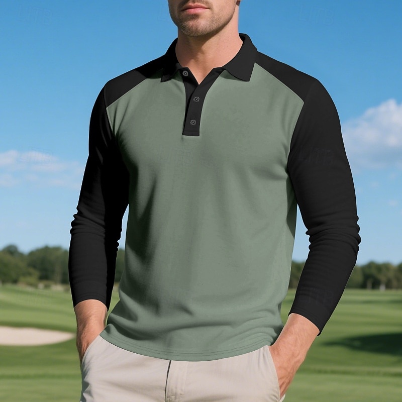 Men's Golf Shirt Golf Polos Shirts Work Casual Lapel Long Sleeve Basic Modern Color Block Patchwork Buttons Spring Fall Regular Fit Depression Green Black Khaki Army Green Golf Shirt3