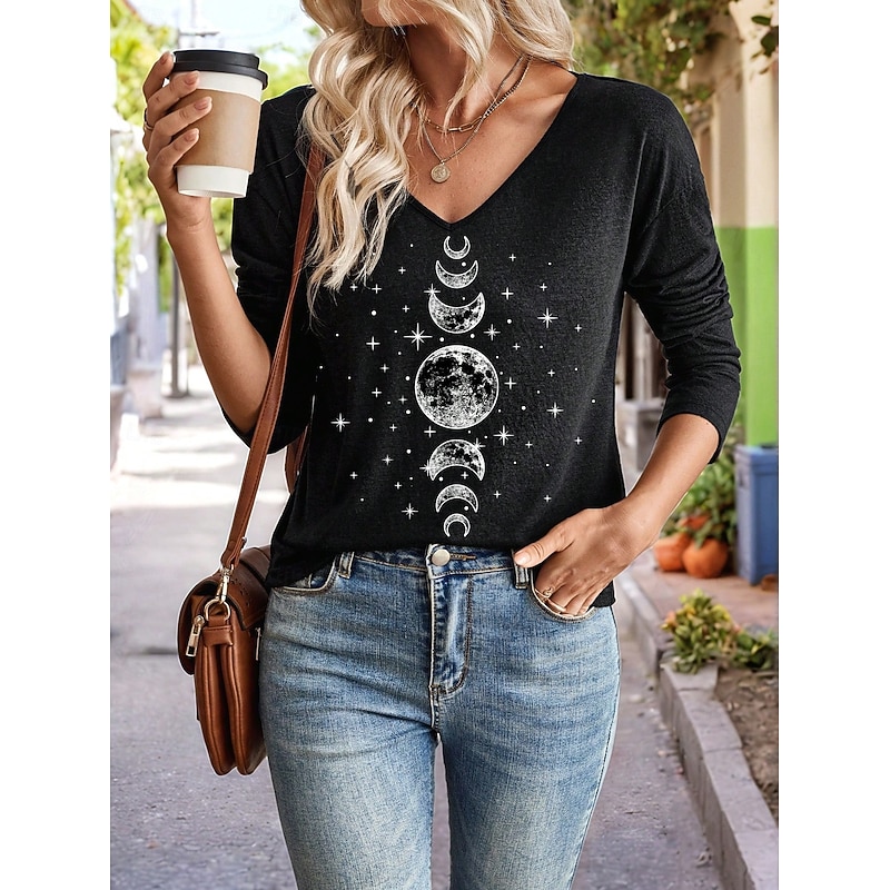 Women's T Shirt V Neck Long Sleeve Tunic Graphic Star Moon Vintage Stylish Casual Regular Tops Daily Print Black Gray Spring Fall