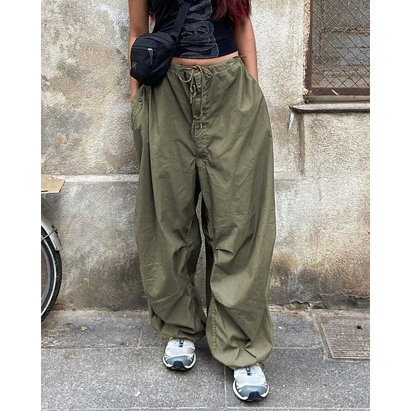 Women's Cargo Pants Slacks Streetwear Casual Full Length Natural Plain Elastic Drawstring Design Soft Street Daily Wear Weekend Black White Brown Green Fall Regular Fit