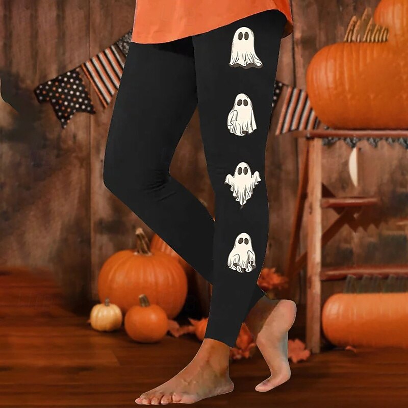 Women's Leggings Streetwear Casual Full Length NaturalPantsHalloween Skull Geometic Elastic Waist Printing Comfortable Outdoor Vacation Holiday Dark Chocolate Navy White / Black Black and White Fall