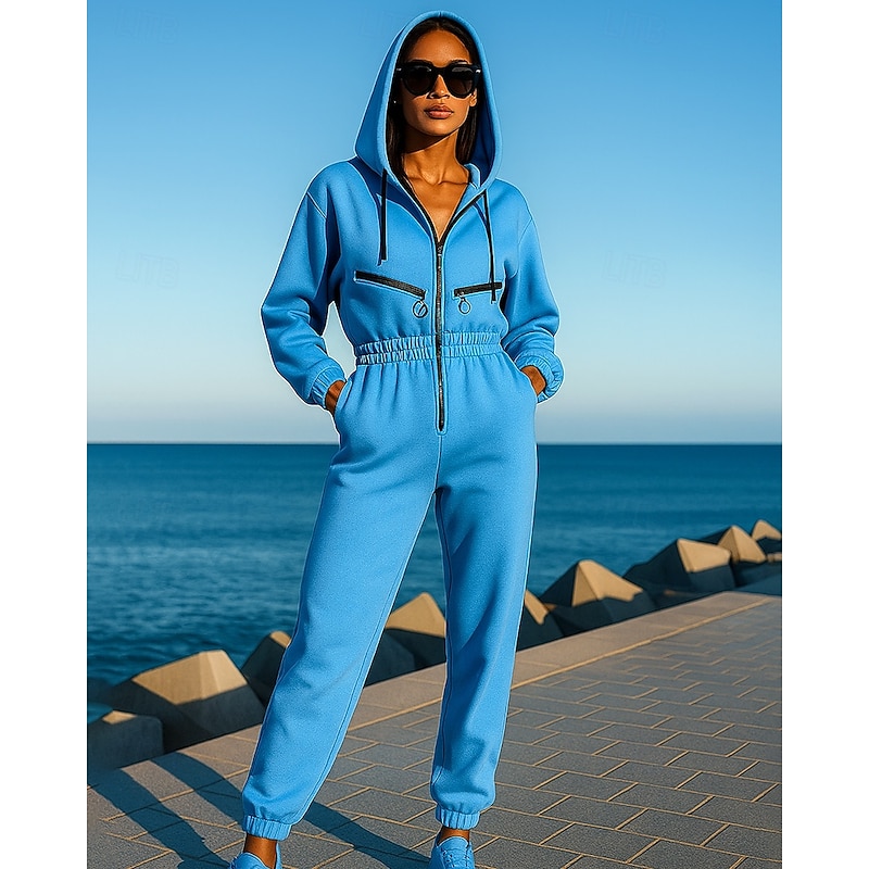 Women's Hooded Jumpsuit Casual One Piece Drawstring Pocket Solid Colored Clothing Suit Fall & Winter Black White Hiking Workout Athletic Windproof Lightweight Moisture Wicking Long Sleeve Sport