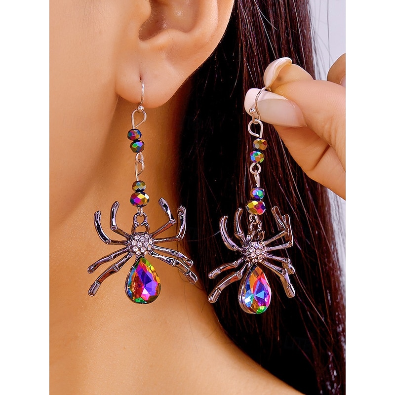 Women's Halloween Spider Drop Earrings – Colorful Crystal Alloy Design, Lightweight Statement Jewelry for Parties, Cosplay & Nightclub Events